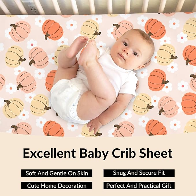 Autumn Pumpkin Boho Floral Baby Crib Sheets Fall Pumpkin Flowers Fitted Crib Mattress Cover Autumn Thanksgiving Harvest Toddler Baby Sheet for Standard Crib 28x52in