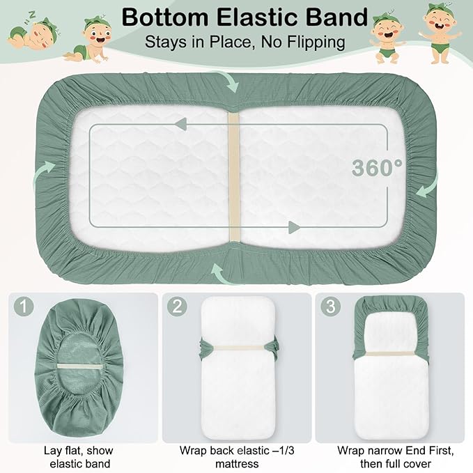 Baby Bassinet Sheets TPU Waterproof 2 Pack Soft Muslin Bedside Bassinet Mattress Sheets with Bottom Elastic Band for Baby Boy Girls Unisex Fit Hourglass Oval and Rectangle, Dark Green