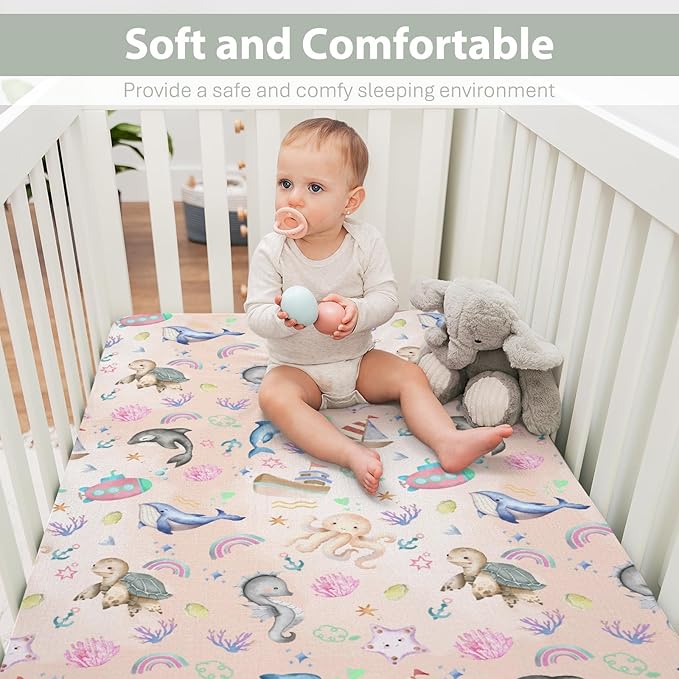 Colorful Ocean Animals Baby Crib Sheets for Boy Girl 52x28Inch Sea Horse Turtle Whale Rainbow Corals Soft Snug Fitted Crib Mattress Cover Marine Life Baby Sheet for Standard Crib & Toddler Mattress