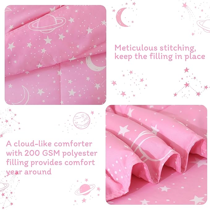 JSD Pink Moon Stars Toddler Bedding Set, 4 Piece Space Theme Bed-in-Bag Toddler Comforter Sheet Set, Machine Washable