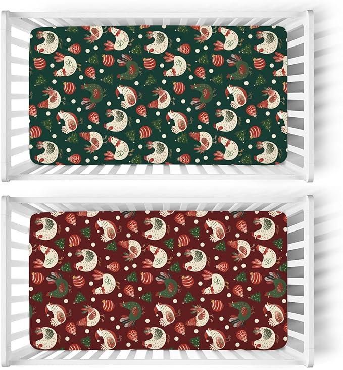 Santa Chicken Baby Crib Sheets for Boy Girl 52x28Inch Cute Christmas Chicken Soft Snug Fitted Crib Mattress Cover Christmas Farm Rooster Hen Baby Sheet for Standard Crib & Toddler Mattress 2 Pack