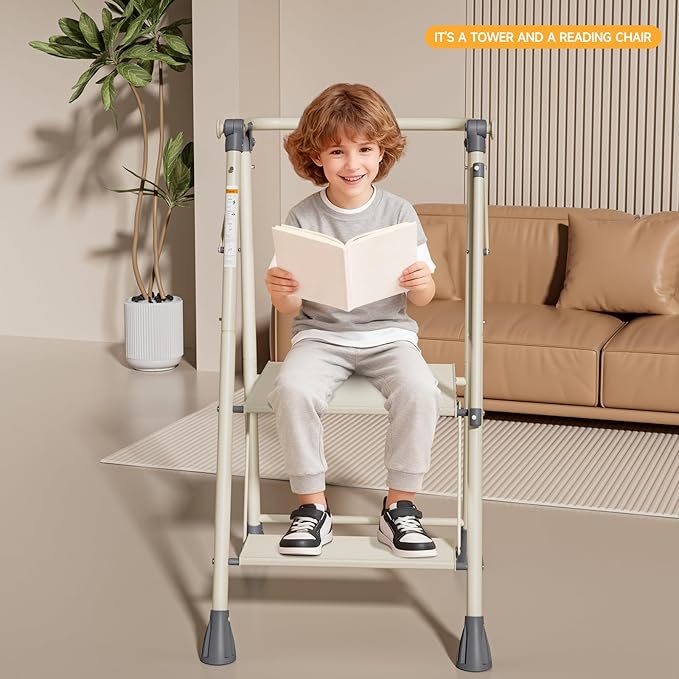 LEDLAY Aluminum Foldable Toddler Tower 2 Steps, Kids Step Stool for Kitchen, Toddler Kitchen Stool Helper with Anti-Drop Safty Railing, Multi-Functional Learning Tower with Anti-Slip Design, Gray