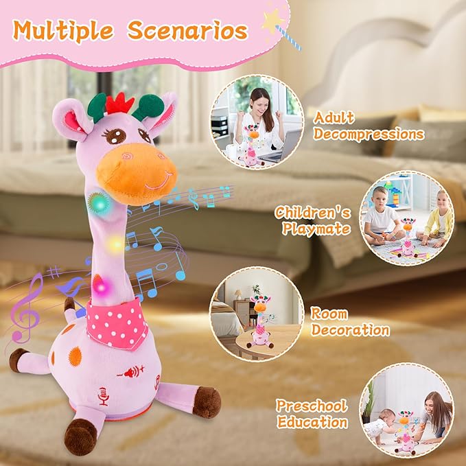 Dancing Talking Giraffe Toy, Stuffed Animal Baby Toy Repeating What You Say, Glowing Musical Electronic Giraffe Gifts for Toddlers 1-3 Years Old (Purple Giraffe)