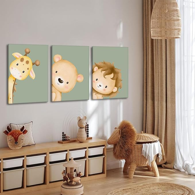 Ekiyuse Nursery Animal Wall Art Safari Animal Neutral Jungle Paintings Pictures Wall Decor Framed Boho Giraffe Lion And Teddy Bear Poster Printing Artwork for Kids Room Boys And Girls Home Decoration