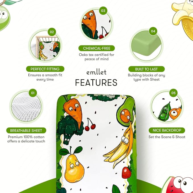 100% Cotton Fitted Crib Sheet, Happy Harvest Fruit and Veggie Theme, Breathable Baby Nursery Bedding, Standard 52 x 28 in Crib Fit