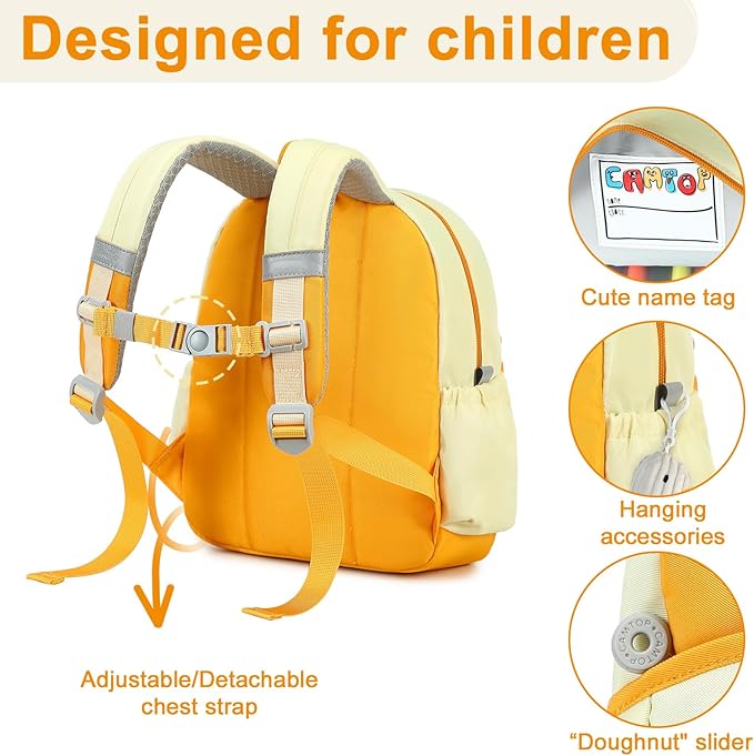 CAMTOP Toddler Backpack for Boys Girls 2-4, Kids Backpacks for Kindergarten Preschool, 12" H Small Bookbag for Daycare Travel (Yellow, 12''- Not fit A4 folder)
