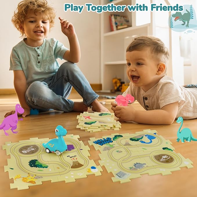 Puzzle Racer Kids Car Track Set with 2 Dino Cars, Kids Toys Boys 3-5, Toys for 3 4 5 6 Year Old Boys, Toys for Ages 3-4, Car Tracks for Toddlers, Montessori Toys for 3+ Year Old