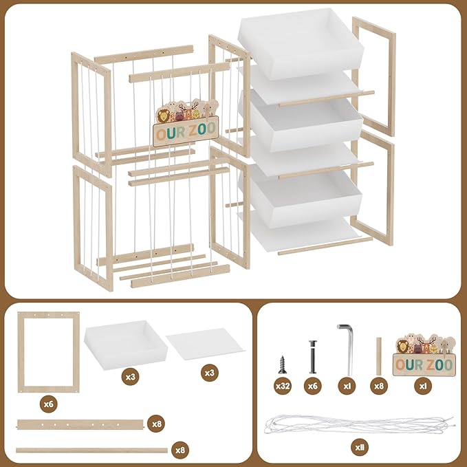 DEMEGA Wooden Toy Storage Organizer with Elastic Bands, Easy to Assemble and Use, Large Capacity Toy Bin Organizer for Nursery Playroom Bedroom, Adorable and Practical Design