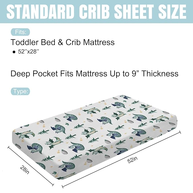 Cartoon Fairy Tale Dragon Trees Stars Baby Crib Sheets 52''x28'' Watercolor Dragons Stretchy Fitted Crib Mattress Cover for Boy Girl Soft Bed Sheet for Standard Crib and Toddler Mattress