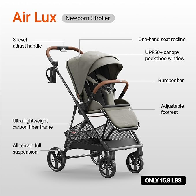 MAMAZING Air Lux Baby Stroller, Strength Carbon Fiber Frame & Only 15.8lbs, Infant Stroller with Bassinet & Cup Holder, One-Hand Compact Folding & Reversible Seat, Soft Insert & Car Seat Adapter
