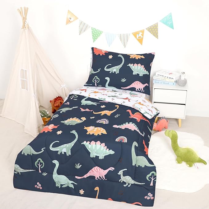 Toddler Bedding Set for Boys, 4 Piece Toddler Boy Bedding, Super Soft Crib Comforter Set Includes Comforter, Flat Sheet, Fitted Sheet, Pillowcase (Blue Dinosaur)