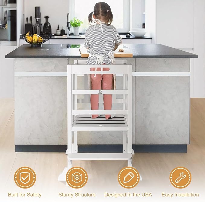 Kitchen Step Stool Helper - WOOD CITY Montessori Foldable Toddler Standing Tower for Toddlers with Safety Rail Height Adjustable Ideal Helper for Learning New Skills Natural Pine Wood (White)