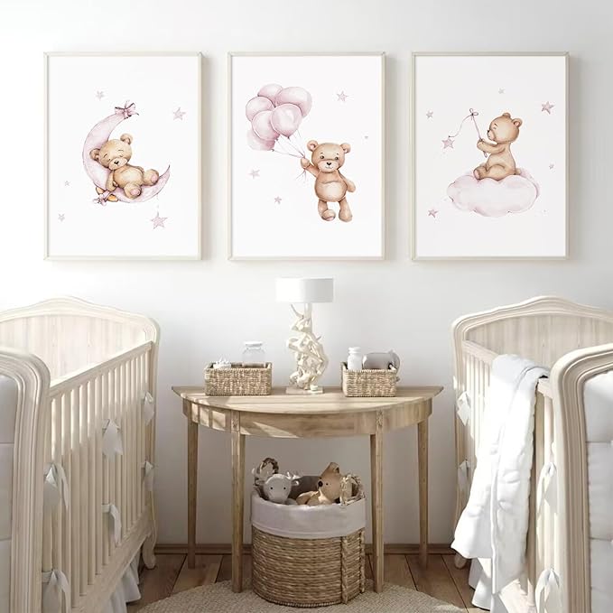 Bear Nursery Wall Art Decor Set of 3 Teddy Bear Wall Art Baby Girl Canvas Wall Decor Pink Pictures Balloon Nursery Children Prints Artwork Moon Star Cloud Art for Boys Room Bedroom 12x16 Inch Unframed