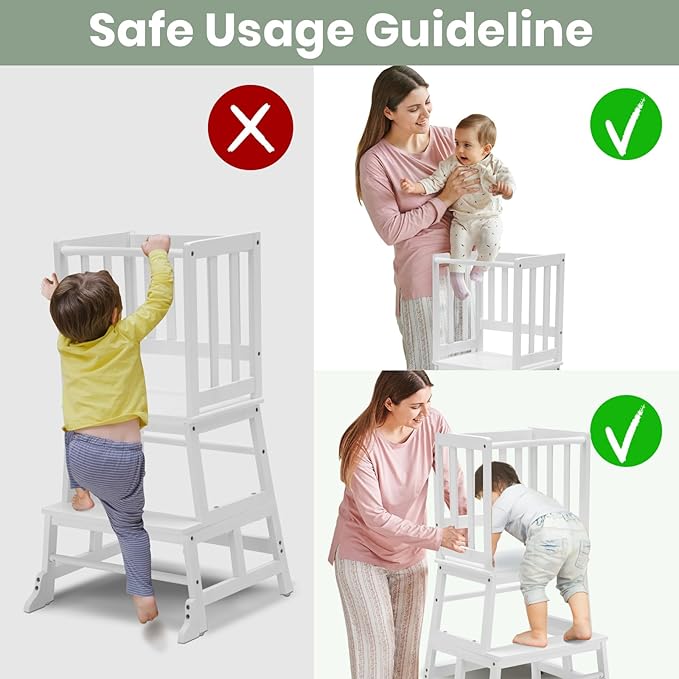 COSYLAND Toddler Standing Tower with Stabilizing Legs - Bamboo Kids Kitchen Step Stool for Learning Cooking (White)