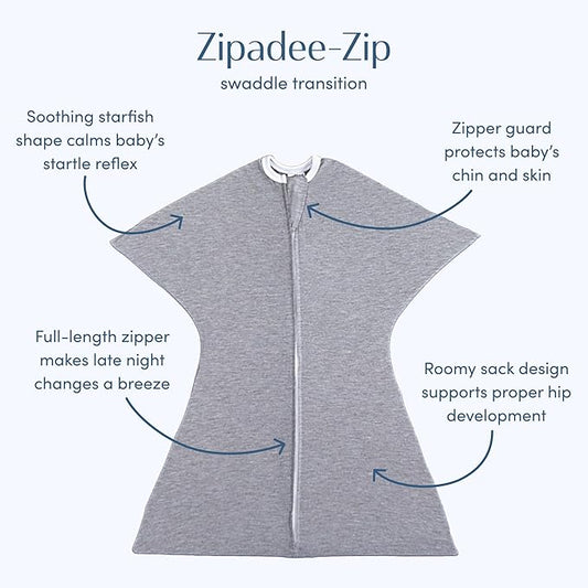 SleepingBaby Zipadee-Zip Transition Swaddle - Cozy Baby Swaddle Blanket with Zipper Convenience - Roomy Wearable Blanket for Easy Diaper Changes - Classic Heather, X-Small (3-6 Month) - 2 Pack