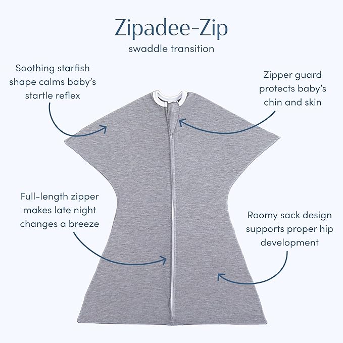 SleepingBaby Zipadee-Zip Transition Swaddle - Cozy Baby Swaddle Blanket with Zipper Convenience - Roomy Wearable Blanket for Easy Diaper Changes - Classic Heather, Medium (6-12 Month) - 2 Pack