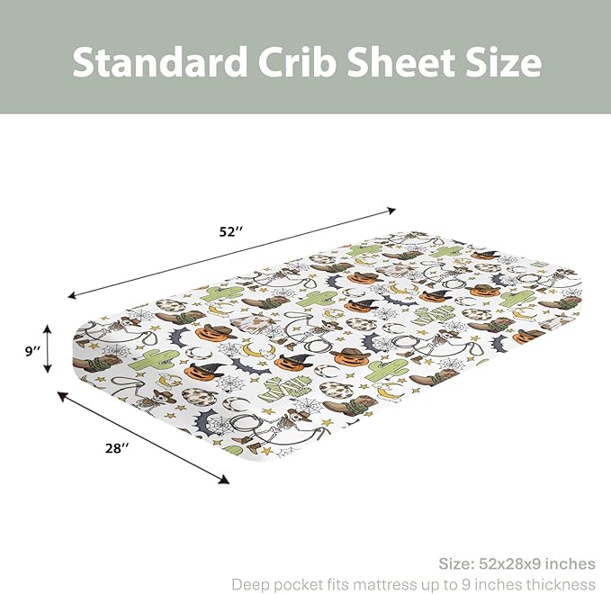 Western Halloween Cowboy Baby Crib Sheets for Boy Girl 52x28Inch Spooky Skeleton Pumpkin Cactus Witch Bats Soft Snug Fitted Crib Mattress Cover Wild West Country Baby Sheet for Crib & Toddler Mattress