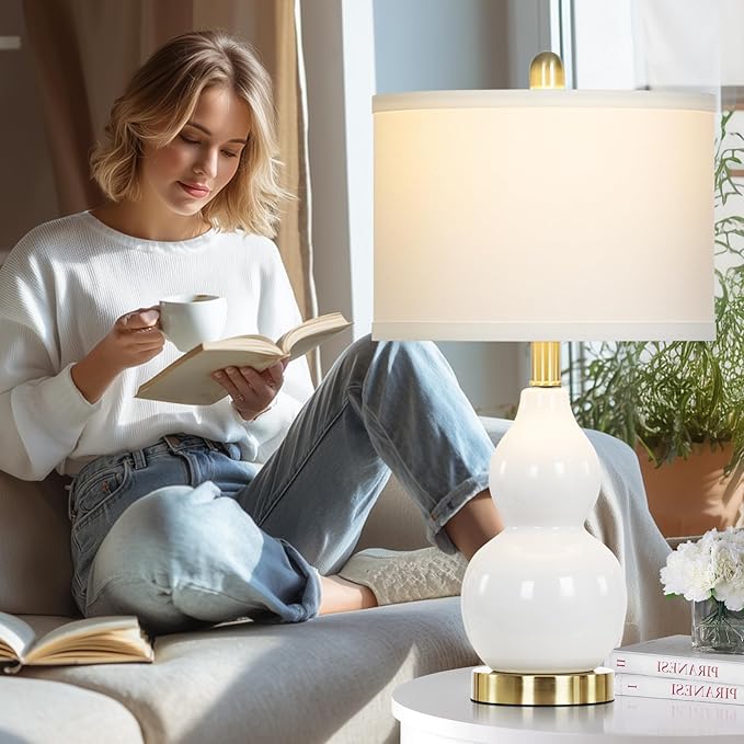 luxeflow 22" Modern Double Gourd Ceramic Table Lamps Set of 2, White Bedside Lamps for Living Room, Contemporary Nightstand Desk Lamps for Bedroom End Table Home Office Decor(2 LED Bulbs Included)