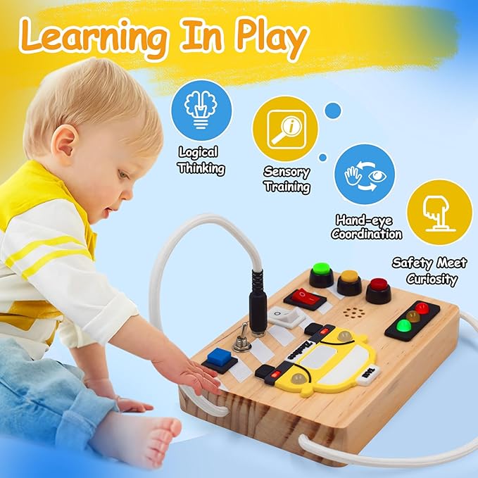 Montessori Busy Board Wooden Sensory Toys with LED Light Up Switch Travel Toys for 1+ Year Old Toddler Baby Boys Girls Gifts (Taxi Theme)
