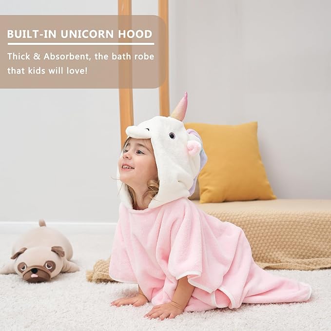 PINNKKU 3D Unicorn Hooded Towel, Ultrasoft & Absorbent Bath Towel for Babies, Infant, Toddler and Kids, Beach Poncho Towels, Gifts for Girl 28" x 55" (Pink)