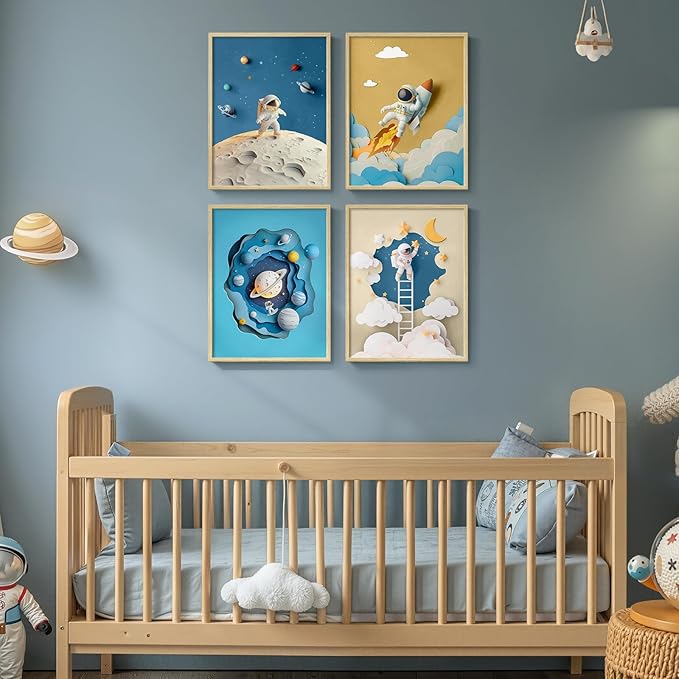 Framed Space Astronaut Wall Art for Nursery Decor, 4 Piece Outer Space Themed Canvas Art Prints Paintings, Planet Rocket Pictures for Bedroom, Kids Room, Baby Room, Boys Room, Bathroom Wall Decor