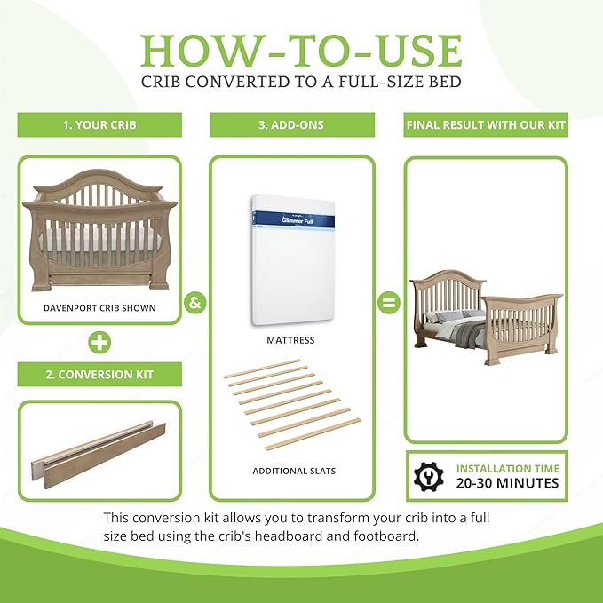 Full-Size Conversion Kit Bed Rails for Baby Appleseed and Eco-Chic Convertible Cribs - Solid Wood Rail - Toddler and Adult Bed Rail for Full-Size Beds - Nursery and Baby Furniture (Willow, Option 1)