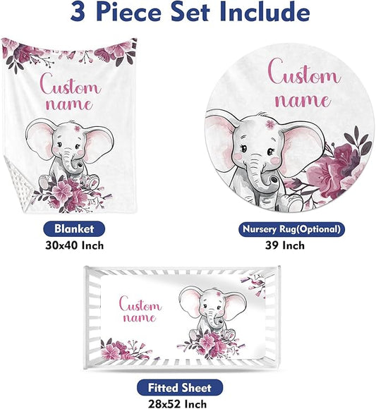 Custom Baby Crib Bedding Set, Personalized Name Floral Elephant Theme Crib Set 3 Pcs, Soft Double Layer Blanket, Crib Sheet & Room Rug, Ideal Nursery Decor Gift for Baby Girls Boys