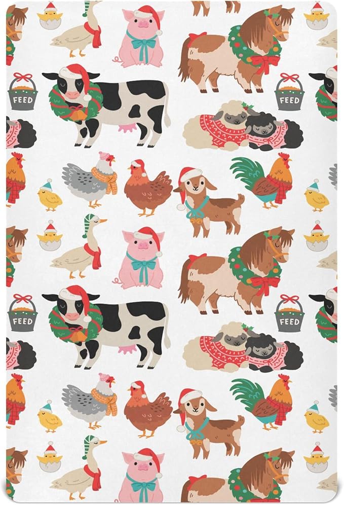 Christmas Farm Animals Crib Sheets Soft Breathable Fitted Baby Crib Sheets Mattress Cover for Girl Boys, 52" x 28" x 9"
