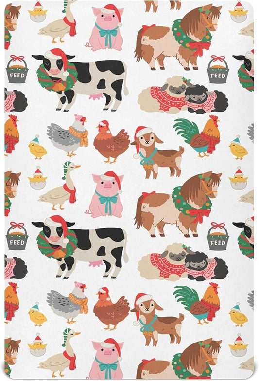 Christmas Farm Animals Crib Sheets Soft Breathable Fitted Baby Crib Sheets Mattress Cover for Girl Boys, 52" x 28" x 9"