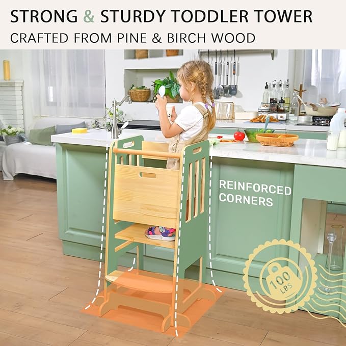 WINGYZ Toddler Tower – Adjustable Step Stool Helper for Kids 18M–6Y, Kitchen Learning Stool with Safety Rail, 3-Height Adjustable, Sliding Door, Full Support Foot, Wooden Updated Design, Green