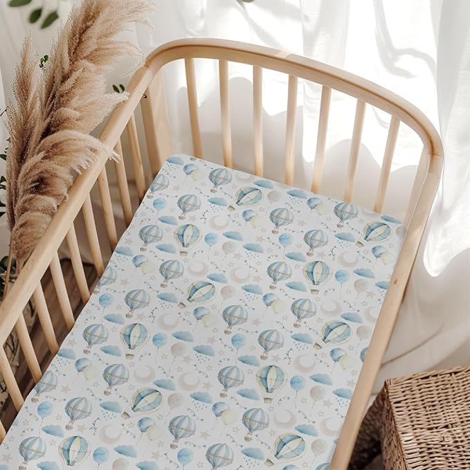 Neutral Blue Hot Air Balloons Baby Crib Sheets for Boy Girl 52"x28" Pastel Balloons Moon Stars Clouds Soft Snug Fitted Crib Mattress Cover Boho Sky Nursery Baby Sheet for Crib & Toddler Bed Mattress