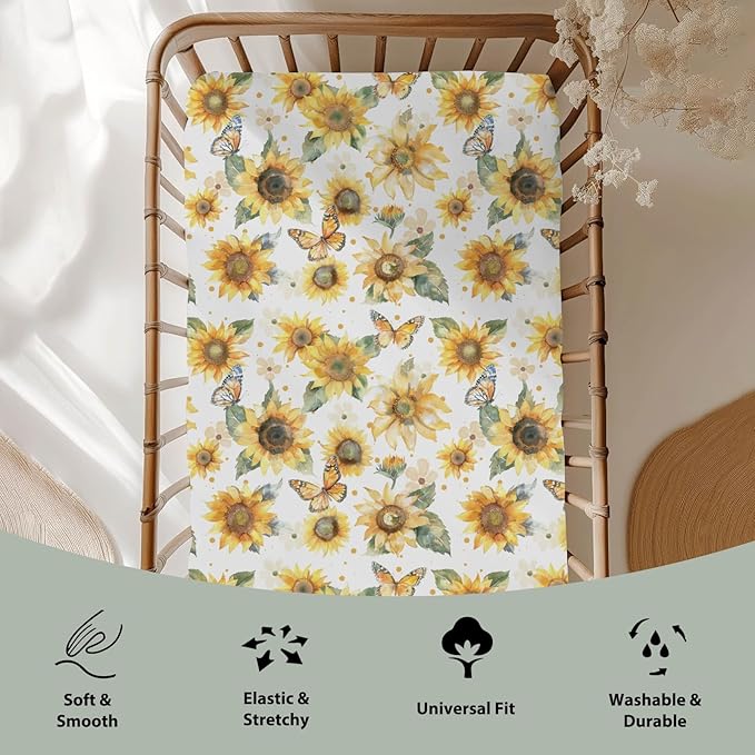 Boho Sunflowers Butterflies Baby Crib Sheets for Boy Girl 52x28Inch Yellow Sunflower Leaves Soft Snug Fitted Crib Mattress Cover Spring Summer Baby Sheet for Standard Crib and Toddler Bed Mattress