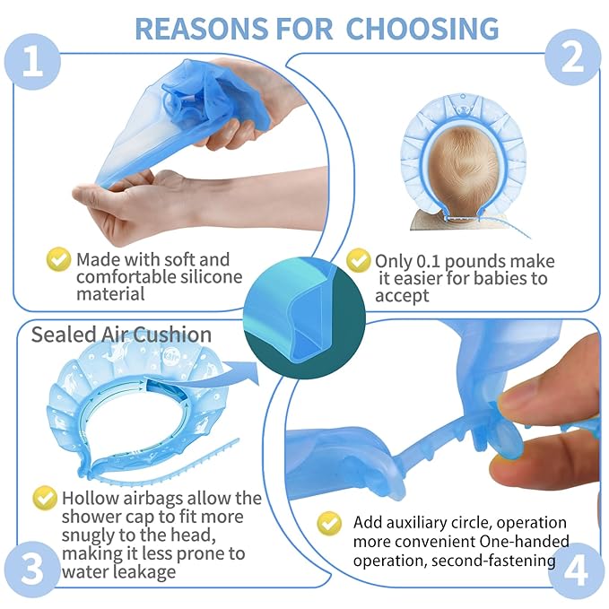 kair Baby Kids Shower Cap Soft Adjustable Silicone Toddler Bath Visor Children Hair Washing Hat Keep Kids Shield Water Out of Eyes & Ears (Blue, Head Size 17"-24" More Than 24 Months)
