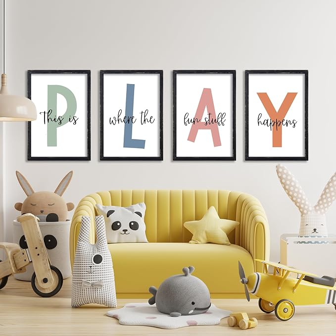 LuZhiQiang Playroom Wall Art Decor This Is Where The Fun Stuff Happens Sign Colorful Letters Decor 4 Piece 16"×11" for Toddler Modren Nursery Children Prints Small Wood Framed Wall Hanging (Black)