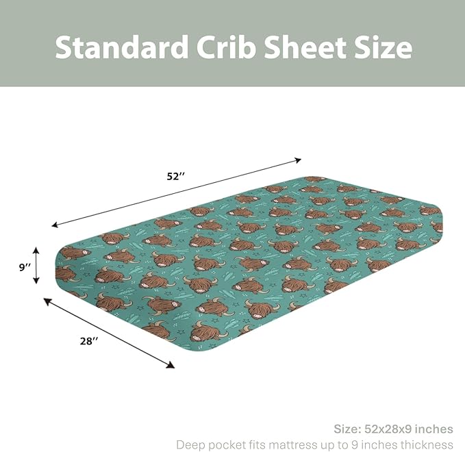 Western Highland Cows Baby Crib Sheets for Boy Girl 28"x52" Boho Cows Green Cactus Stars Soft Snug Fitted Crib Mattress Cover Highland Yak Cattle Baby Sheet for Standard Crib & Toddler Bed Mattress