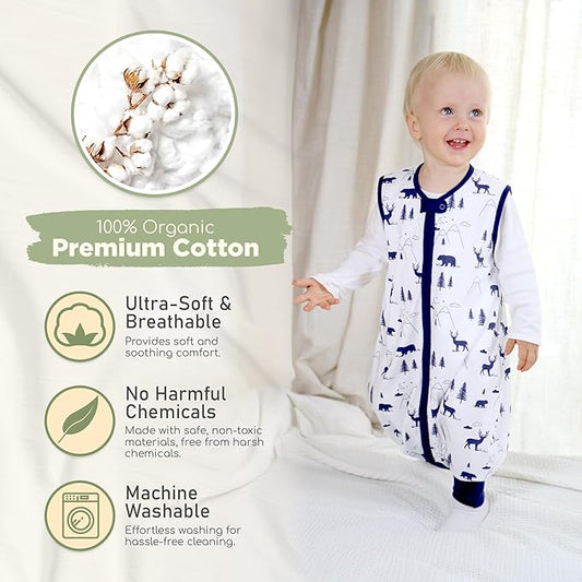 Toddler Sleep Sack with Feet, 0.5 TOG Organic Cotton Baby Sleeping Bag with Legs, Baby Wearable Blankets for Walkers w/ 2-Way Zipper, Baby Sleep Sack for Girls & Boys, Early Walker 6-18 Month