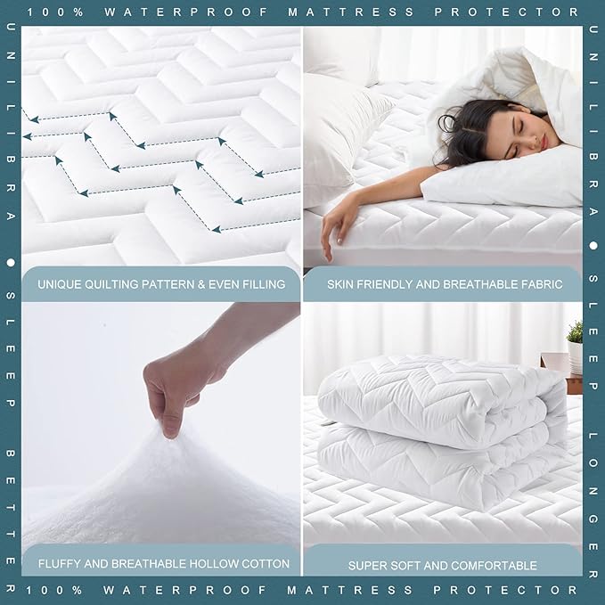 Full Size Waterproof Mattress Protector Quilted, Breathable Ultra-Soft Filling Mattress Pad, Fitted Deep Pocket Mattress Cover Fits 6''-19'' Mattress White