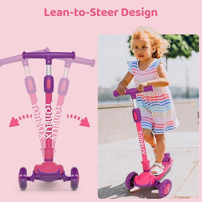 TONBUX Kids Scooter, Light Up 3 Wheel Kick Scooters for Kids 3-12, Folding Scooters with Adjustable Height - Toddler Scooter Lean-to-Steer & Widen Anti-Slip Deck