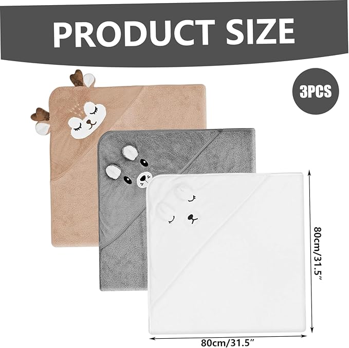 Baby Bath & Hooded Towels, 3pcs 31x31inch Cartoon Soft Hooded Bath Towels for Babies, Absorbent Baby Towel with Hood for Shower, Beach and Swimming