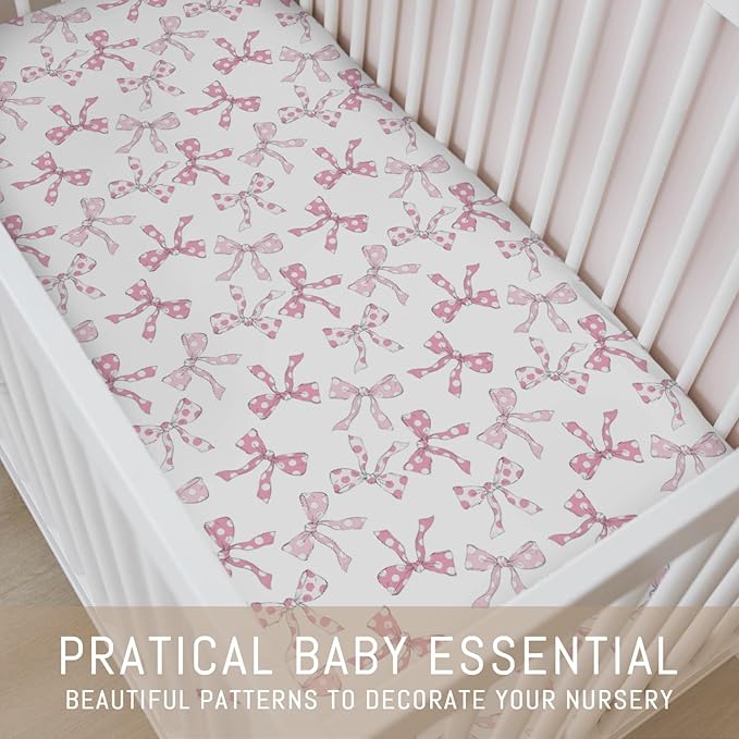 Pink Dot Bows Baby Crib Sheets for Girls Sweet Girly Bows Soft Stretchy Fitted Crib Mattress Covers for 52''x28'' Standard Crib & Toddler Bed Mattress Cute Pastel Ribbon Valentine Baby Sheets