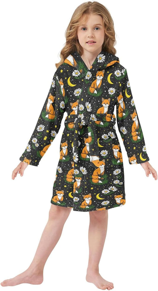 Fox Floral Cute Stars Bathrobe Hooded PJ Robe Soft Fleece Robe Pajama Sleepwears 2-12 Years