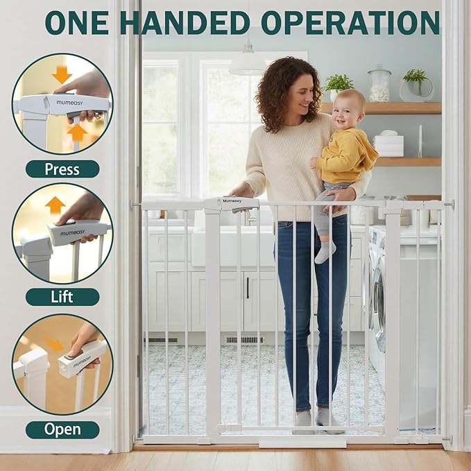 Mumeasy 36" Extra Tall Dog Gate, Auto Close Baby Gate for Stairs Doorways, 29.7-46" Wide Walk Thru Child Safety Gate for House, Easy Install Pressure Mounted Metal Pet Gate with Door, White