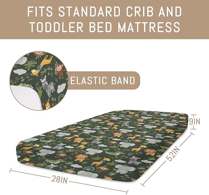 Jungle Safari Animals Baby Crib Sheets for Boy Girl Elephant Lion Zebra Giraffe Leaves Soft Snug Fitted Crib Mattress Covers for 52''x28'' Standard Crib & Toddler Mattress Pad Wild African Bed Sheets