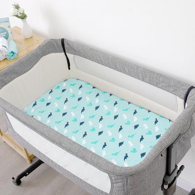 Bassinet Fitted Sheets 4 Pack Compatible with YADAQE, Foalom, Besrey, Evolur Stellar, Jimglo, Milliard and TCBunny Bassinet, Ultra Soft and Skin-Friendly, Aqua Dinosaurs & White Ocean