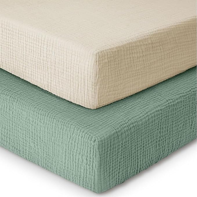 Mère & Moi Muslin Fitted Crib Sheets – 100% Cotton, Ultra-Soft & Breathable Baby Bedding for Standard Crib & Toddler Mattress (28” x 52”) - 2 Pack (Green and Cream)