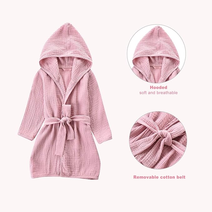 Organic Cotton Toddler Bathrobe, Soft and Breathable Baby Robe for Kid, Boy& Girl Hooded Robe Muslin