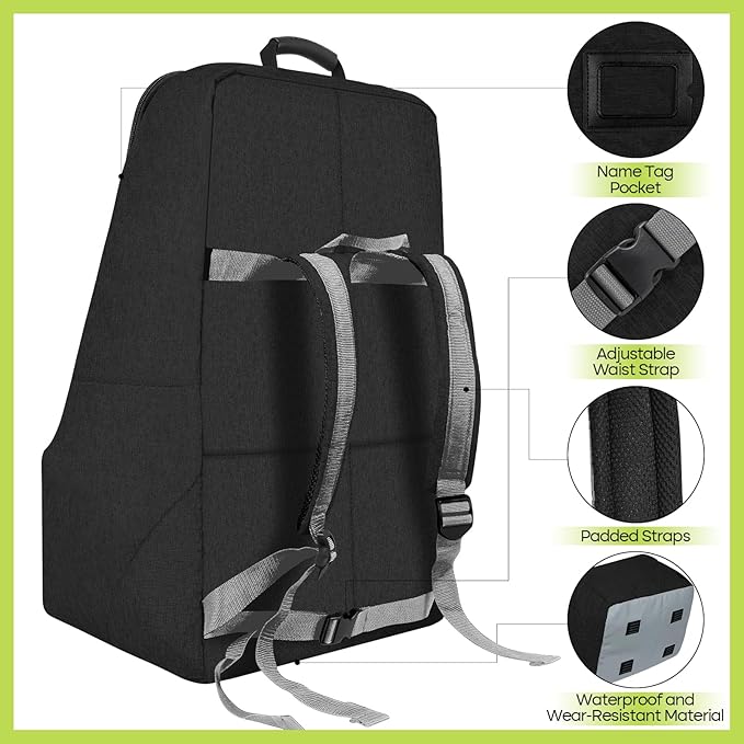 ZRRAJOY Padded Car Seat Travel Bag for Airplane, Heavy Duty Backpack for Air Travel, Water-Resistant Carrier with Shoulder Strap, Fits Most Car Seats (Black)
