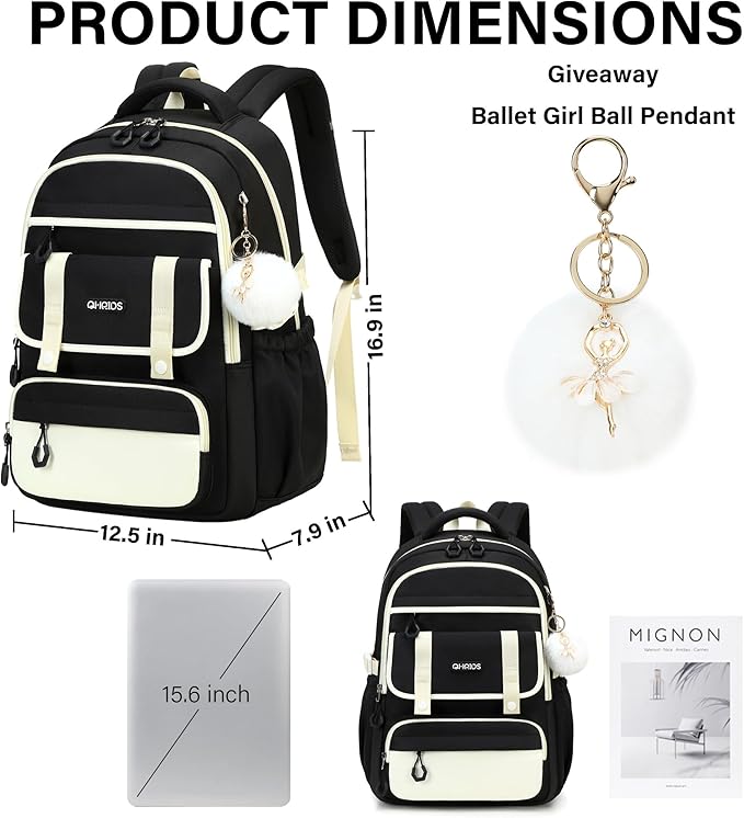 QHRIDS School Backpack for Girls, 3PCS Laptop Backpack 15.6 Inch with Lunch Box Pencil Pouch Set for Kids Teens Elementary Middle High School College Bookbag Student Casual Travel Daypack,Black Beige
