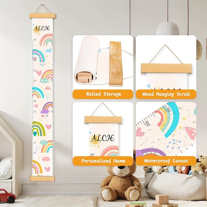 Woodemon Personalized Name Height Chart for Kids, Rainbow Height Measurement for Wall, Child Height Measure Wall Chart Bedroom Nursery Wall Decoration, Playroom Essentials, Children's Day Gifts