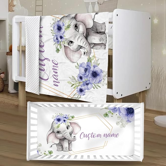 Personalized Crib Bedding Set for Boys Girls, Custom Baby Crib Sets with Name, Purple Flower Elephant Design Nursery Bedding 2 Piece - Soft Blanket with Double Layer Dotted Backing, Crib Fitted Sheet
